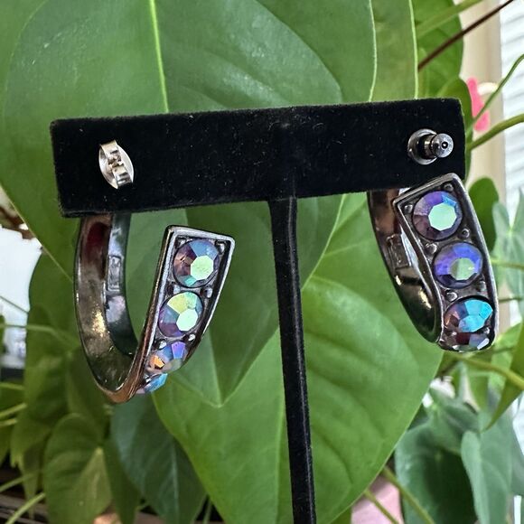 YSL Vintage Aurora Borealis Curved Hoop Earrings Crystal Rhinestone Signed 80s - Picture 12 of 16